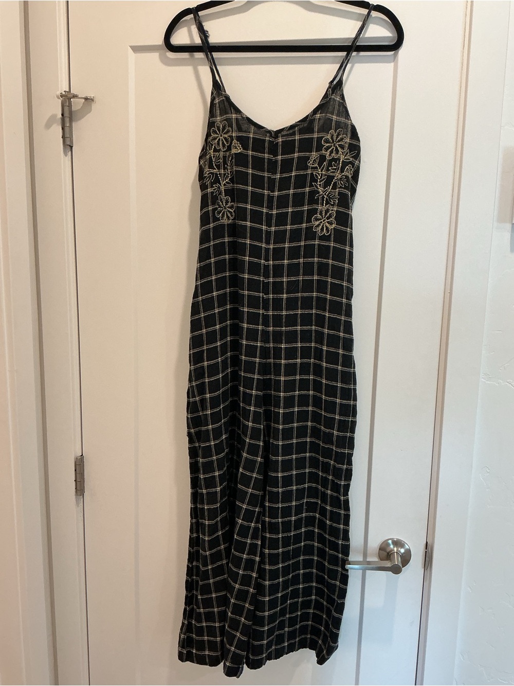 World Market Black and Beige Plaid Romper with Floral Embroidery